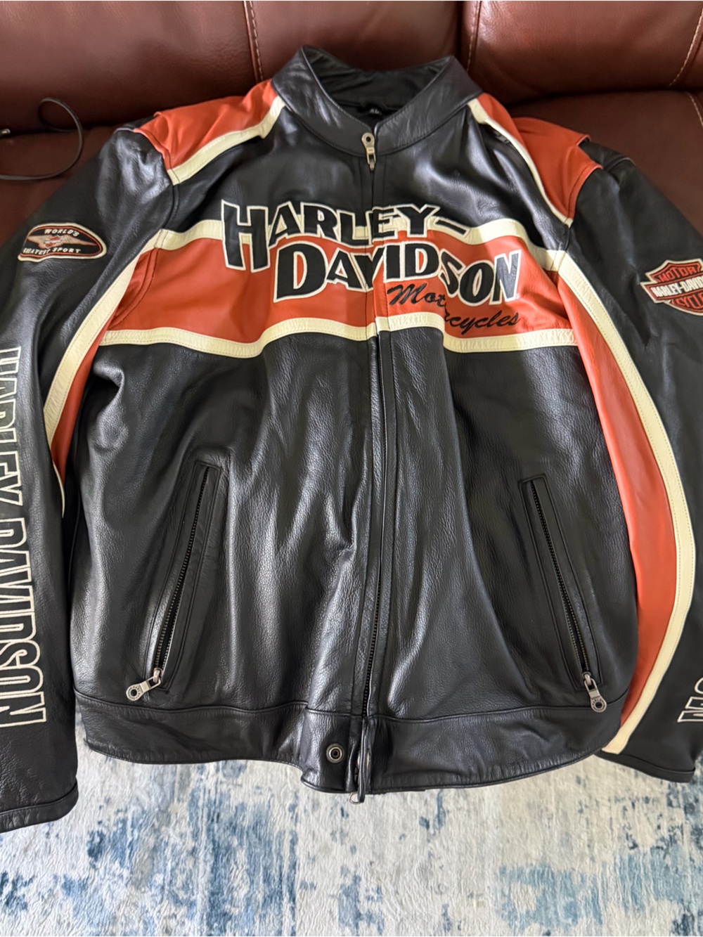 Harley-Davidson Black, Orange & Cream Leather Riding Jacket